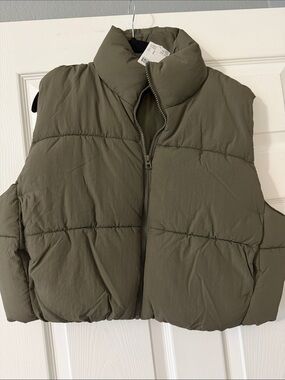 Olive Green Puffer Vest - Sleeveless Zip Front - Never worn